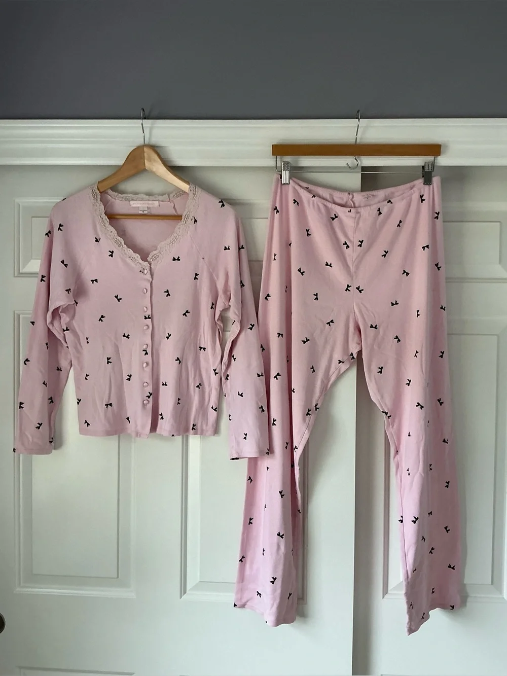 Victoria's Secret Light Pink Lace-Trim Cotton 2 Piece PJ Set M